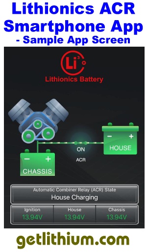 Lithionics Battery ACR (Automatic Charge Relay) Bluetooth smartphone App screenshot for charging lithium-ion batteries with engine alternators.