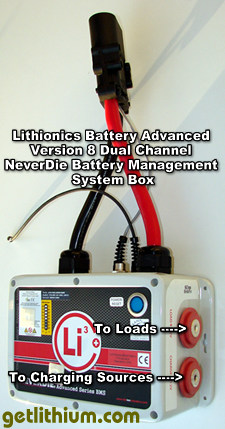 Lithionics Battery Dual Channel Battery Management System box for Solar Power Systems with High and Low Voltage cutoff protections as well as special Voltage sensors to prevent MPPT Solar Charge Controllers from draining battery power when there is no solar output. Click for larger image...