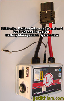 Lithionics Battery Dual Channel Battery Management System box for Solar Power Systems with High and Low Voltage cutoff protections as well as special Voltage sensors to prevent MPPT Solar Charge Controllers from draining battery power when there is no solar output. Click for larger image...