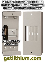 MidNite Solar MNBABYBOX DC circuit breaker box for solar panels and solar charge controllers - takes MNEAC sytle Din rail mount breakers.