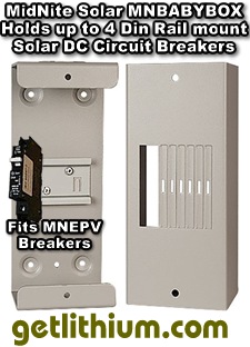 MidNite Solar MNBABYBOX DC circuit breaker box for solar panels and solar charge controllers - takes MNEAC sytle Din rail mount breakers.