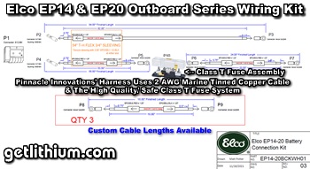 Sample base high quality Elco EP14 and EP20 electric outboard motor series battery connection wire harness kit with high quality tinned copper marine cable and ends as well as Blue Sea Systems Class T fuse that is ABYC approved for use in electric marine propulsion.