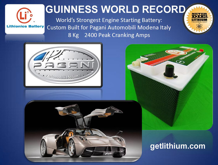 Guinness World Record for the world's strongest engine cranking battery in the Pagani Supercar