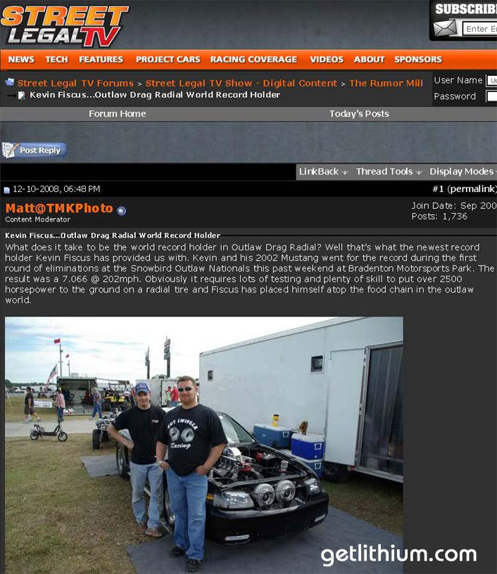 World Record for World's Strongest 16 Volt Drag Racing Battery:  Kevin Fiscus world record holder
