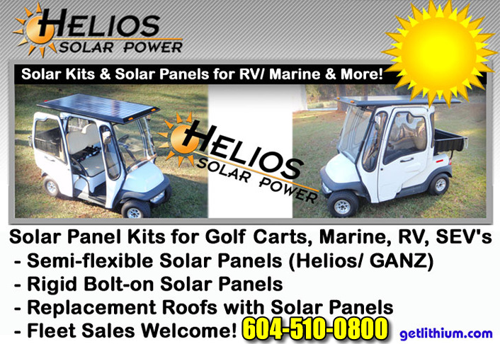 Solar EV and Helios Solar Power solar panel kits and replacement solar roofs for electric golf carts, LSVs, RVs, Sailboats, Yachts, Van Conversions and more