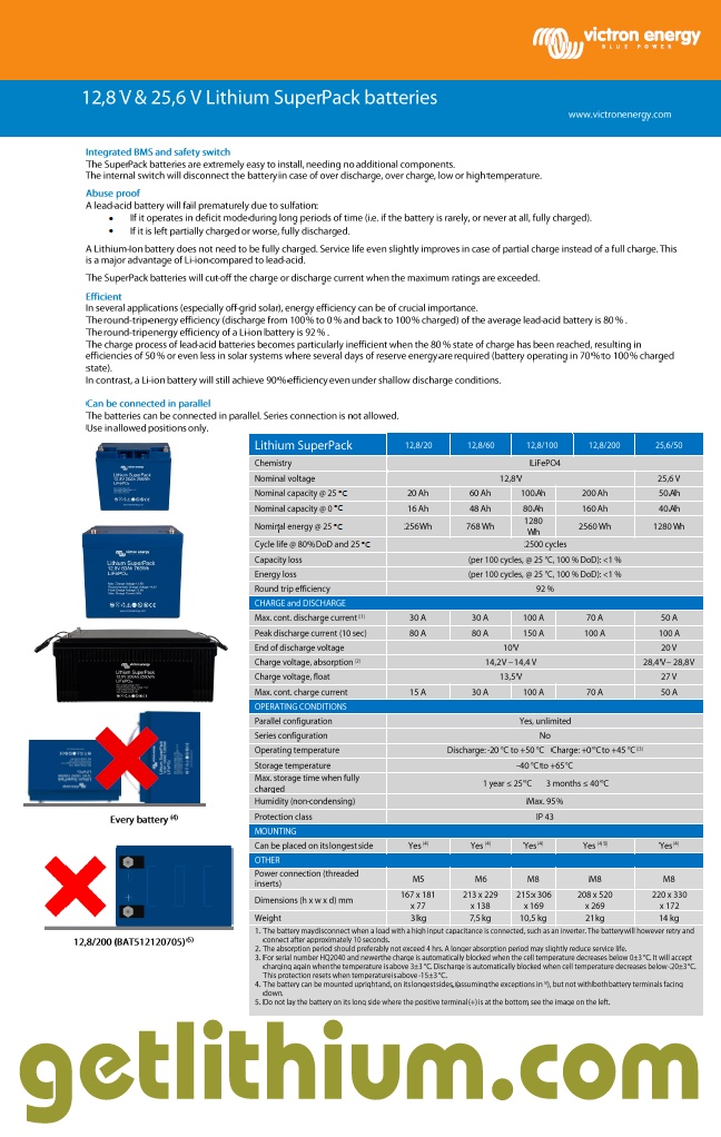 Victron Energy Lithium-ion SuperPack battery spec sheet