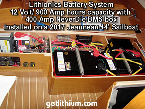 Lithionics lithium-ion 12 Volt battery system installed with custom aluminum battery box on a 2017 Jeanneau 44 foot sailboat