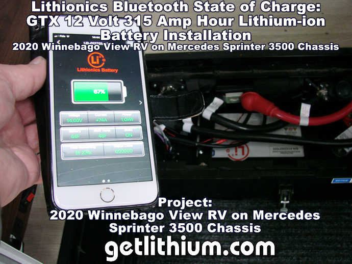 Click on the image to see more details on a Lithionics Battery installation on an RV with the Bluetooth State of Charge Monitoring System App running on an iPhone.